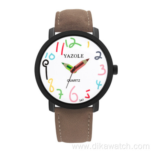 Yazole 329 New Student Casual Cheap Watch Brown Leather Analog Quartz Wrist Watches Dress Colorful Children Watch